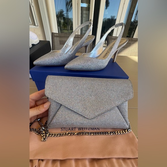 Stuart Weitzman Silver Glitter Slingback Pumps with Matching Envelope Clutch - Picture 8 of 11